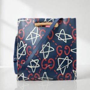 Gucci Ghost Large Tote Navy Blue Leather Graffiti Stars Shopping Bag ✨
